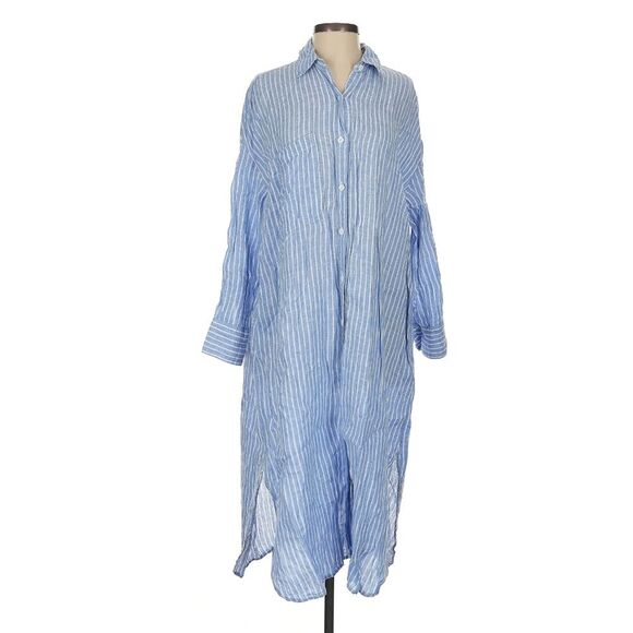 Zara 100% Linen Light Blue and White Striped Long Shirt Dress Size Small - Picture 2 of 6